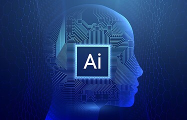 human head with binary code with blue background