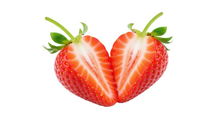 Two strawberry halves isolated PNG on transparent background, fresh red fruit cut in half for healthy eating and summer dessert