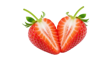 Two strawberry halves isolated PNG on transparent background, fresh red fruit cut in half for healthy eating and summer dessert