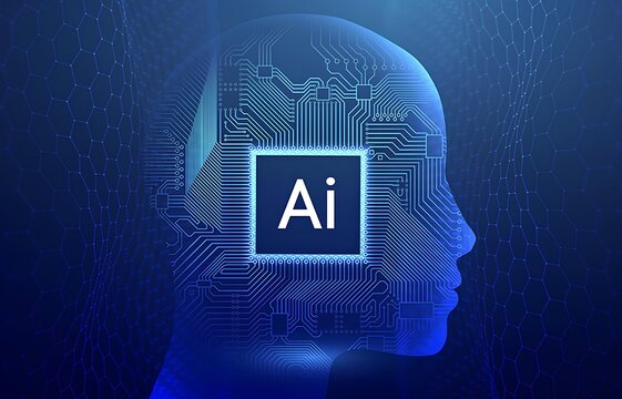 human head with binary code with blue background - Powered by Adobe