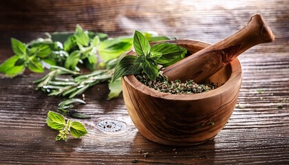 rustic wooden mortar and pestle kitchen tool for grinding herbs spices and aromatics