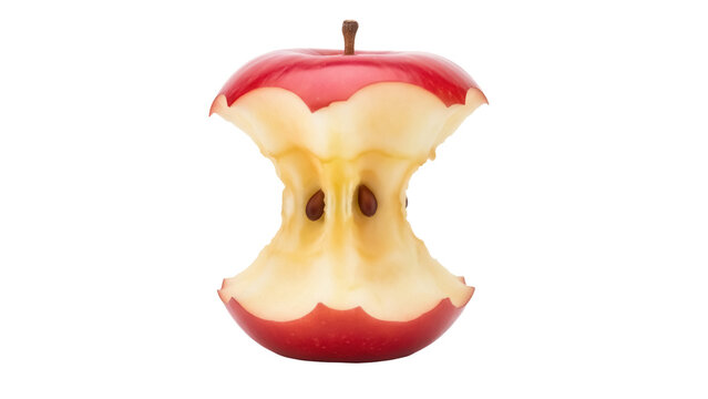 Eaten red apple core isolated PNG on transparent background, fruit waste with seeds and stem for food and healthy eating concepts
