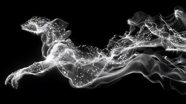 abstract human form made of smoke and light trails moving gracefully through space, 