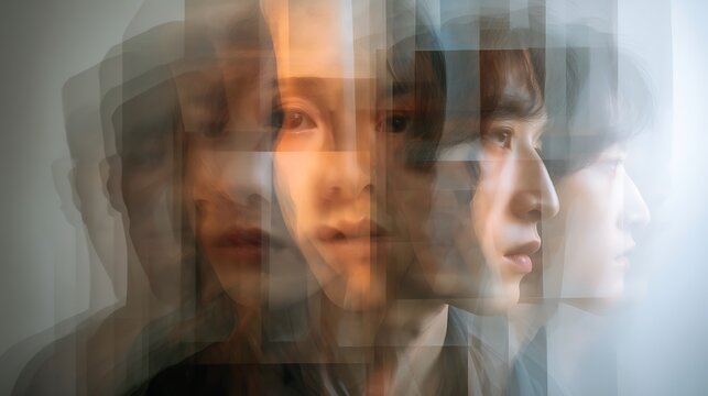 multiple translucent faces overlapping with fluid motion blur, symbolizing shifting emotions and states of mind, 