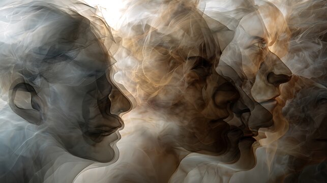multiple translucent faces overlapping with fluid motion blur, symbolizing shifting emotions and states of mind, 
