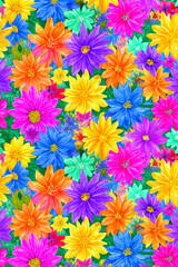 Vibrant colorful multicolored floral pattern with blooming flowers
