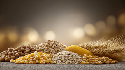 Assorted grains and cereals collection on rustic surface