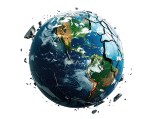 Earth globe cracking apart with pieces floating, showcasing the destructive aspect of planet collapse