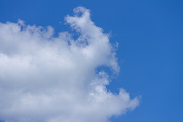 Obraz premium Side view of a voluminous white cloud under a deep blue sky, highlighting irregular outlines and natural atmospheric textures.