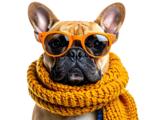 A close-up portrait of a French bulldog, wearing orange glasses and a yellow scarf