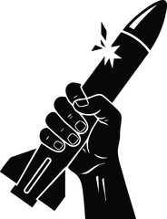 Silhouette vector close up clenched hand holding missile rocket with spark upward angle isolated black icon political protest concept grip weapon symbolic power stark contrast minimalist
