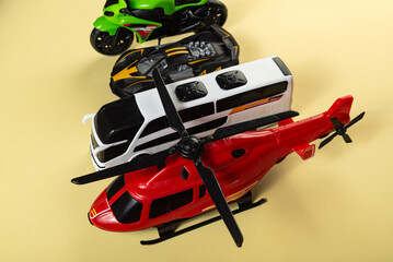 Colorful toys on a yellow background