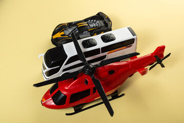 Colorful toys on a yellow background