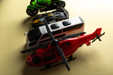 Colorful toys on a yellow background