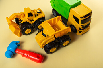 Colorful toys on a yellow background