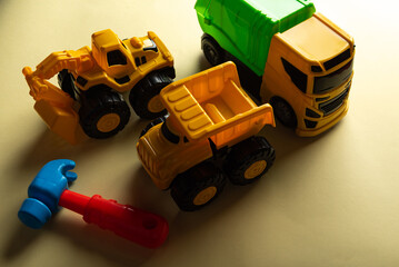 Colorful toys on a yellow background