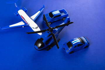 Colorful toys on a blue background
