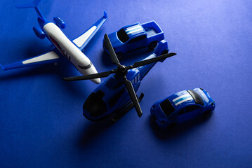 Colorful toys on a blue background