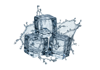 crystal clear ice cubes in a dramatic, high-speed macro shot featuring hydrodynamic water splash and frozen micro-droplets, isolated on a transparent background. concept for beverage advertising