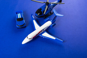 Colorful toys on a blue background