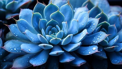 a close up of a blue succulent plant with water droplets glistening on its leaves creating a fresh serene feel