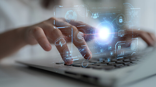 A futuristic command center interface for managing a global technology platform. The dashboard includes data security, network administration, and biometric user authentication. Fermion - Powered by Adobe