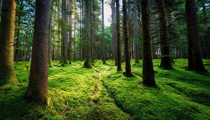 Deep Forest Floor Covered In Thick Bright Green Moss With Tall Pine Trees And Path