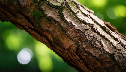 Fototapeta premium detailed macro shot of textured bark against soft green foliage creating a nature inspired organic composition