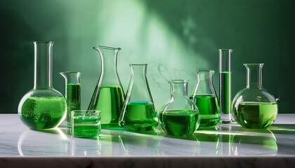a variety of glass beakers and flasks filled with green liquids are arranged on a light marble surface illuminated by soft colorful lighting