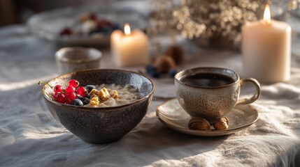 Winter breakfast bowl with berries and candles on rustic table