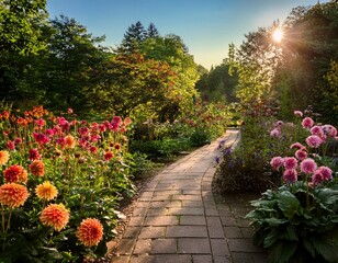 sunlit garden pathway with colorful dahlias and lush greenery
