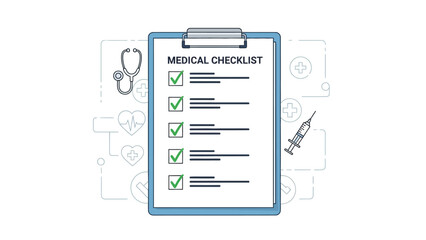 A medical checklist on a clipboard is shown with a stethoscope and a syringe, representing healthcare and patient care.
