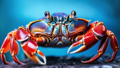 close up view of vibrantly colored crab with detailed shell patterns and prominent claws