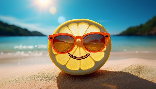 a whimsical image features a lemon slice donning bright orange sunglasses with a drawn on smile sitting on a sunny beach by a sparkling sea