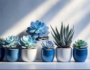 a calming display of blue toned succulent plants in white pots casting soft shadows on a textured white wall