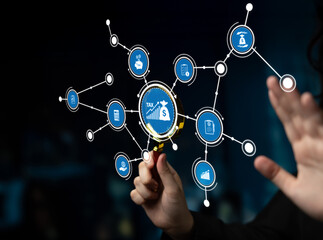 Innovative visualization of tax planning featuring interconnected financial icons, highlighting the importance of analytics and strategy in modern business finance. Crux