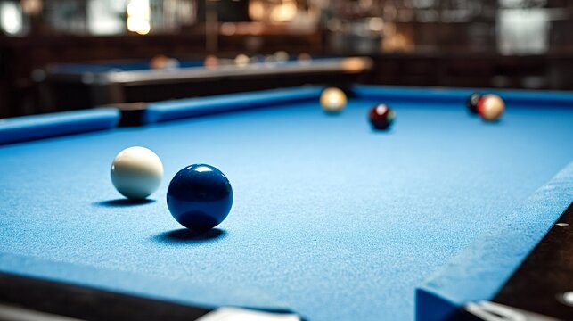 Close up of pool table with blue felt and billiard balls