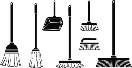 Flat design cleaning tools icon set with seven black silhouettes of brooms dustpan mop brushes shown in various angles long handle close up view minimal layout