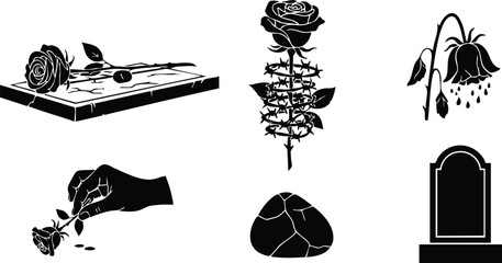 Silhouette icon set showing hand placing rose on tombstone with wilted flower cracked heart stone memorial symbol black monochrome flat design vector illustration isolated simple emblem
