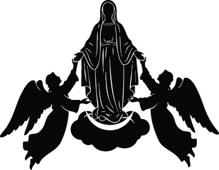 Silhouette vector close up virgin mary flanked by two kneeling angels on cloud pedestal with visible halo minimal black and white portrait icon solemn devotional graphic