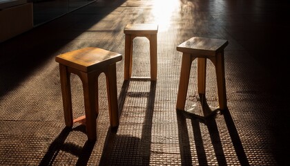 Three Tall Square Stools Sit On A Textured Floor With Dramatic Sunlight And Shadows