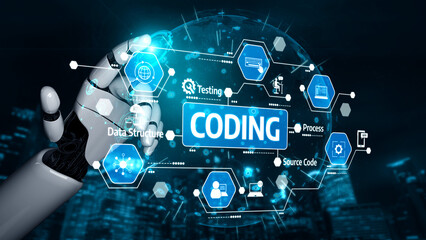 A futuristic robotic hand interacts with a digital coding interface, highlighting key programming concepts such as coding, data structure, and testing in a modern context. Tessel