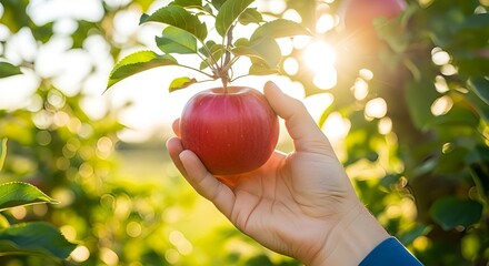 Hand of a farmer holding a ripe red apple on a tree branch in a sunny orchard. Harvesting fresh organic fruit in the garden with lens flare.
