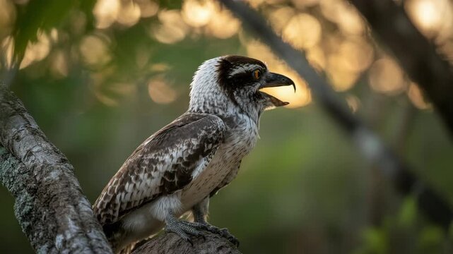 Mysterious potoo bird camouflaged on tree branch in lush jungle