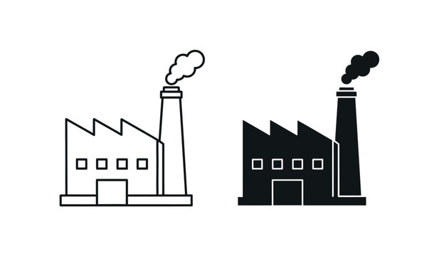 Two industrial factory buildings with smokestacks emitting pollution are depicted in a simple line art