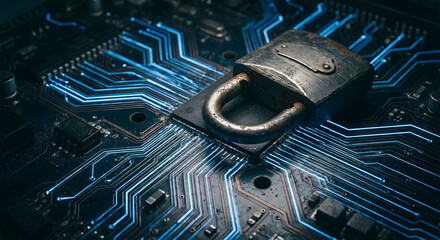 Old rusty padlock on modern blue computer circuit board background. Cyber security and data protection concept. Contrast of analog and digital safety. 3D rendering