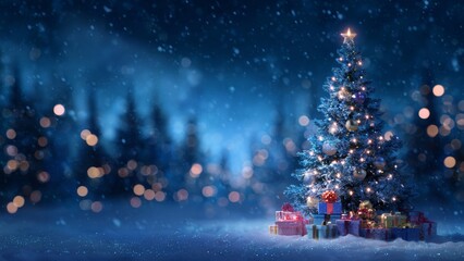 Magical Decorated Christmas Tree with Lights and Gifts in Snowy Winter Forest at Night - Festive Holiday Scene with Falling Snow, Bokeh Lights, Ornaments and Pine Trees Background