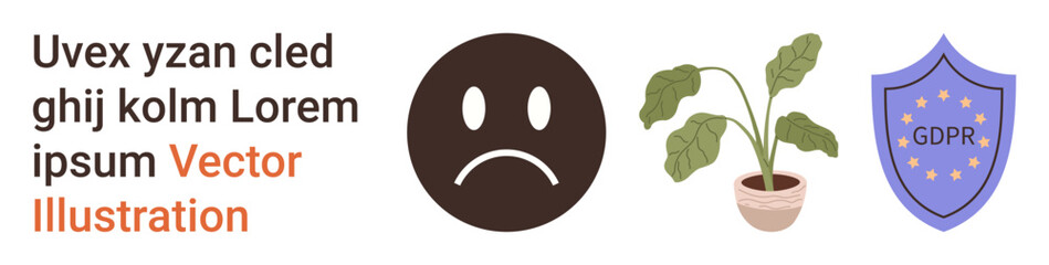 Fototapeta premium Emotions, nature, data security, privacy, compliance, digital rights. Sad face symbol, potted wilting plant GDPR compliance shield. Emotions and data security concepts showcased visually