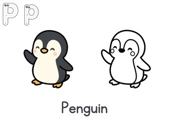 Fototapeta premium Alphabet coloring page letter P with Penguin, coloring page for kids, P for Penguin, P large, Clear letter P next to a friendly cartoon Penguin, Educational page, Thick outlines, Black and white
