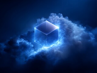 Fototapeta premium Mysterious glowing blue cube with luminous edges floating in ethereal dark clouds. Abstract futuristic technology and innovation concept background.